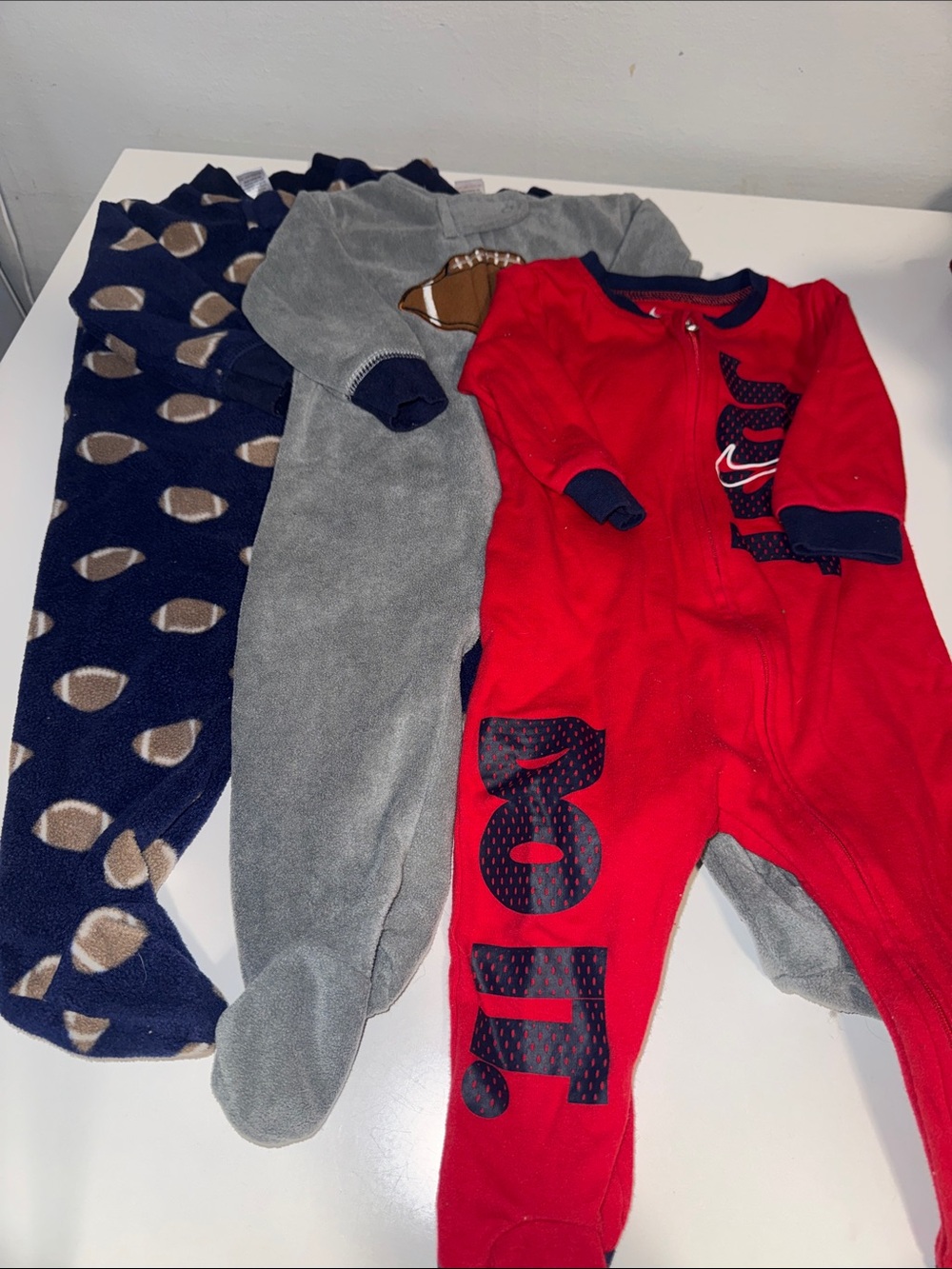 Bundle of 3 - Baby Footie Pajamas, 2 Fleece & 1 Cotton Nike - Size 6-9 Months